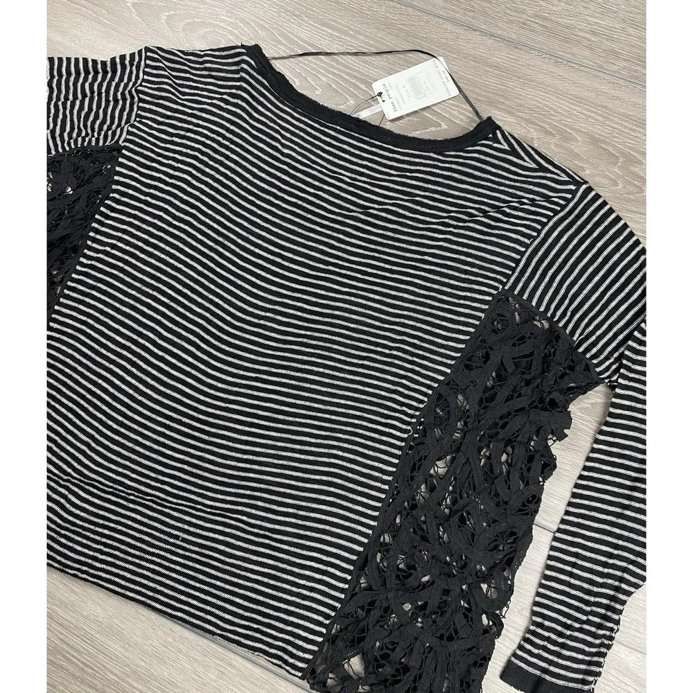 Free People Women's‎ Love Me Do Striped Linen Blend Pullover Side Lace Top M New